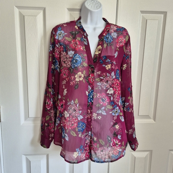 Kut From The Kloth Magenta Sheer Floral Long Sleeve Button Top Womens Medium - Picture 1 of 12